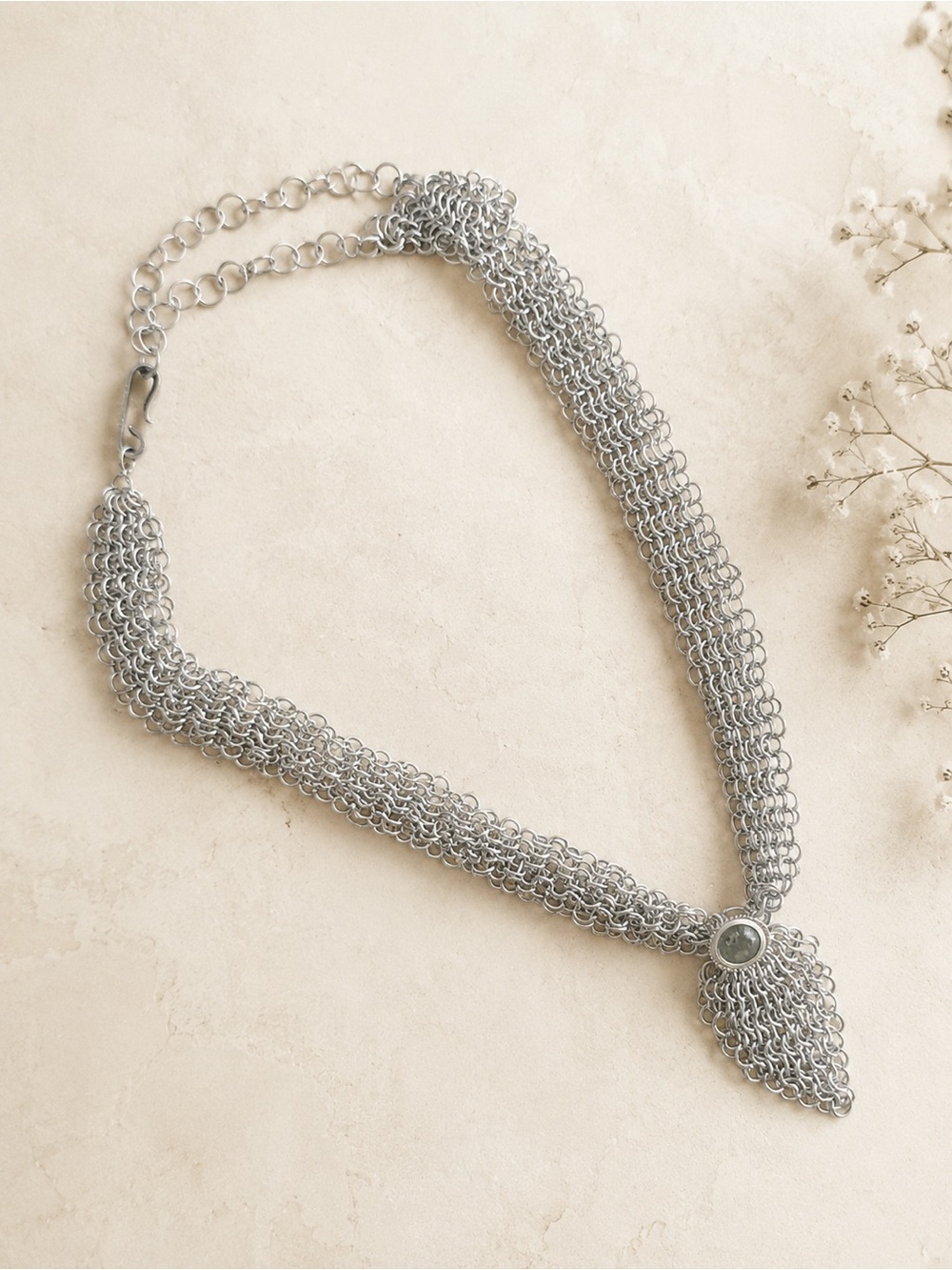 Silver Chainmail Mesh Necklace with Stone Accent